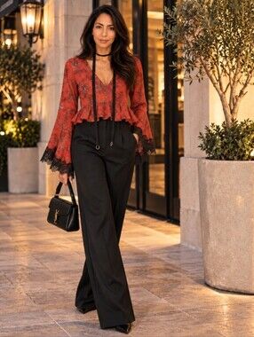 Cinq à Sept Jemma 100% Silk Red Paisley Lace Peplum Blouse